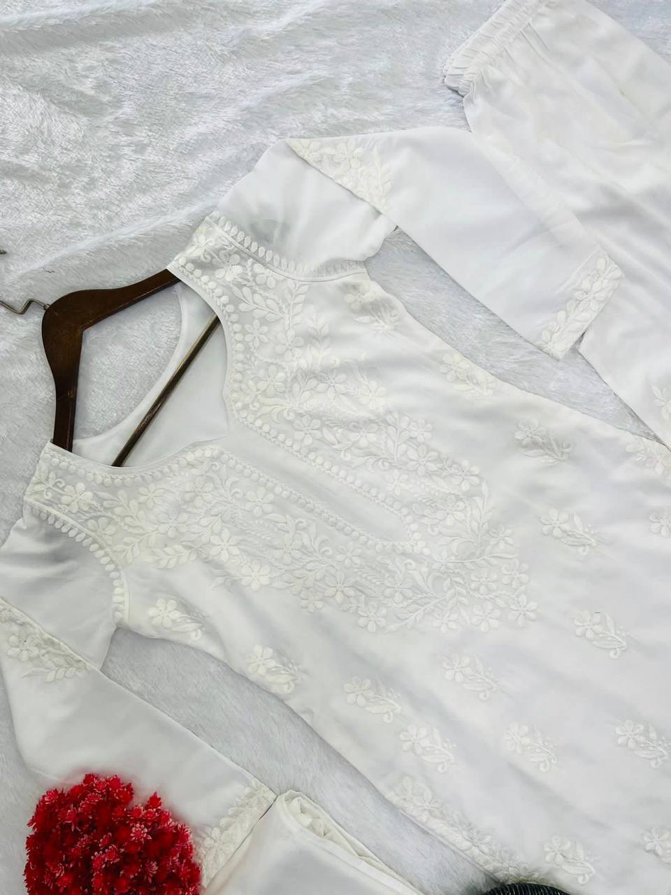 DESIGNER SUMMER WEAR – EMBROIDERED MASLIN TOP, PLAZO &amp; DUPATTA