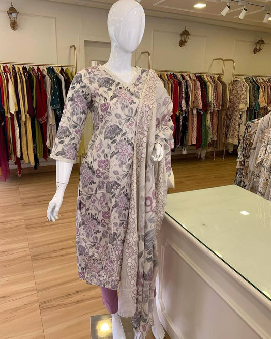 SUMMER SPECIAL MASLIN FABRIC SUIT WITH PRINT & LACE WORK