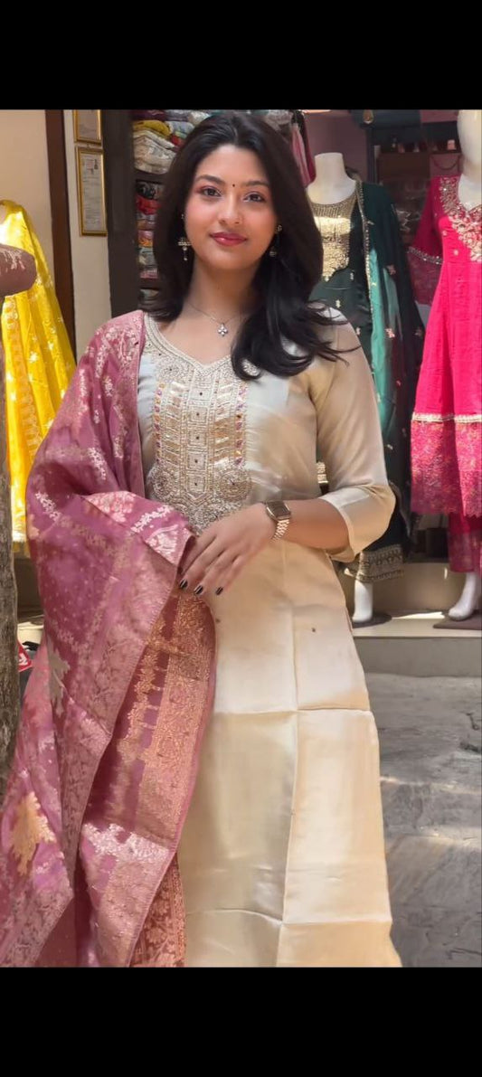 NEW HEAVY DESIGNER CHANDERI SILK SUIT SET