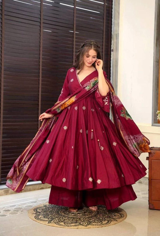 NEW ARRIVAL! PREMIUM ROMAN SILK MAROON ANARKALI SUIT SET