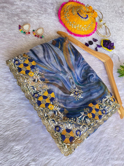 EXQUISITE MULTICOLORED DIGITAL PRINT ORGANZA SAREE