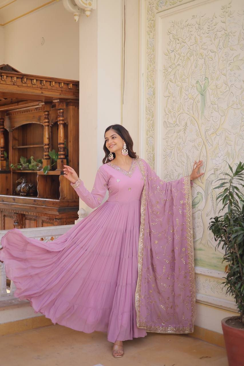 EXQUISITE FAUX GEORGETTE DESIGNER GOWN WITH SEQUINS EMBROIDERY – ELEGANCE REDEFINED