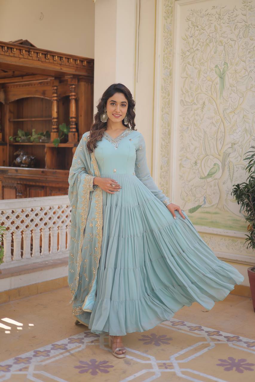 EXQUISITE FAUX GEORGETTE DESIGNER GOWN WITH SEQUINS EMBROIDERY – ELEGANCE REDEFINED