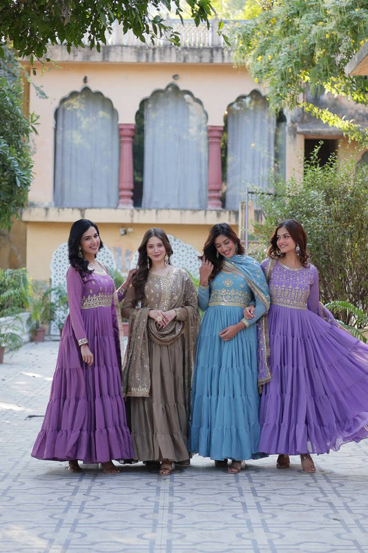 LUXURIOUS FULLY FLAIR STAR GEORGETTE GOWN WITH DESIGNER EMBROIDERED DUPATTA