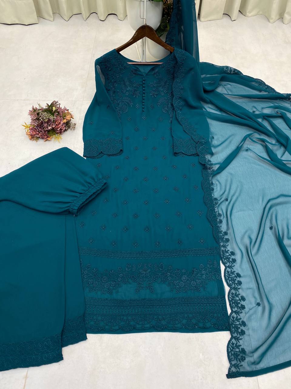 DESIGNER PUMPUM NECK EMBROIDERED SUIT SET