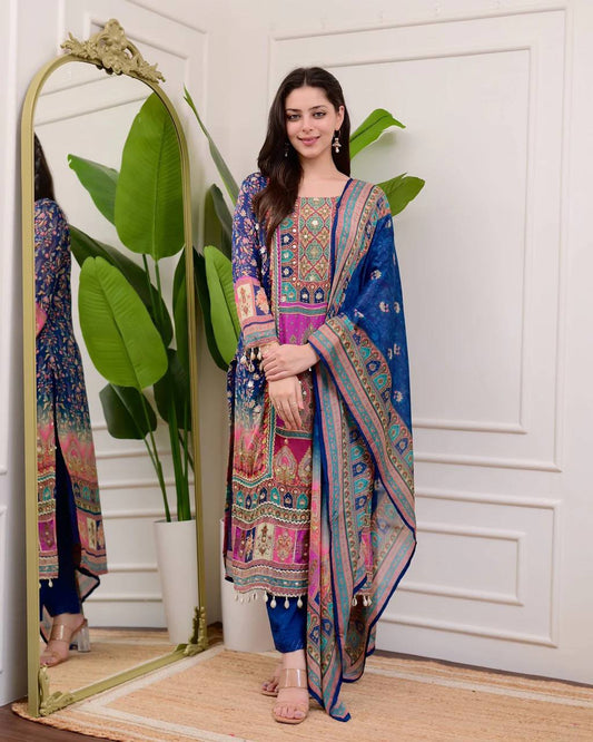 DESIGNER PRINTED CHINON SUIT SET WITH MIRROR WORK