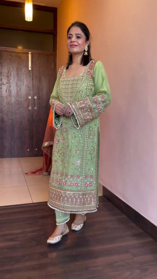 TRENDING FAUX GEORGETTE SEQUIN EMBROIDERY SUIT WITH STITCHED PANT & DUPATTA