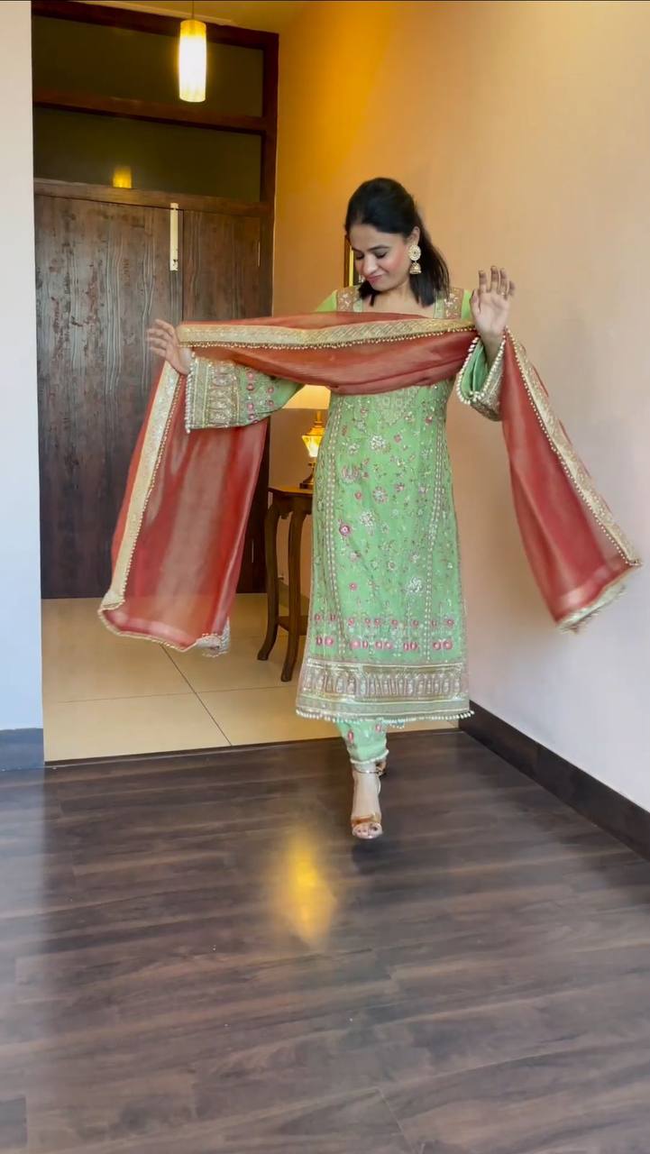 TRENDING FAUX GEORGETTE SEQUIN EMBROIDERY SUIT WITH STITCHED PANT & DUPATTA