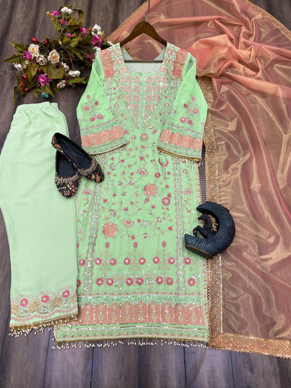 TRENDING FAUX GEORGETTE SEQUIN EMBROIDERY SUIT WITH STITCHED PANT & DUPATTA
