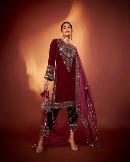 ADORABLE HEAVY VELVET SEQUENCE EMBROIDERY SUIT SET