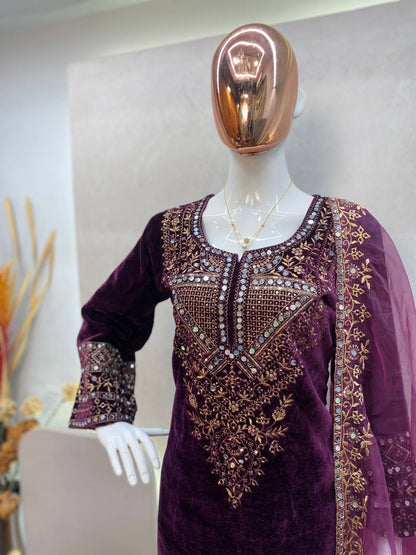 ADORABLE HEAVY VELVET SEQUENCE EMBROIDERY SUIT SET