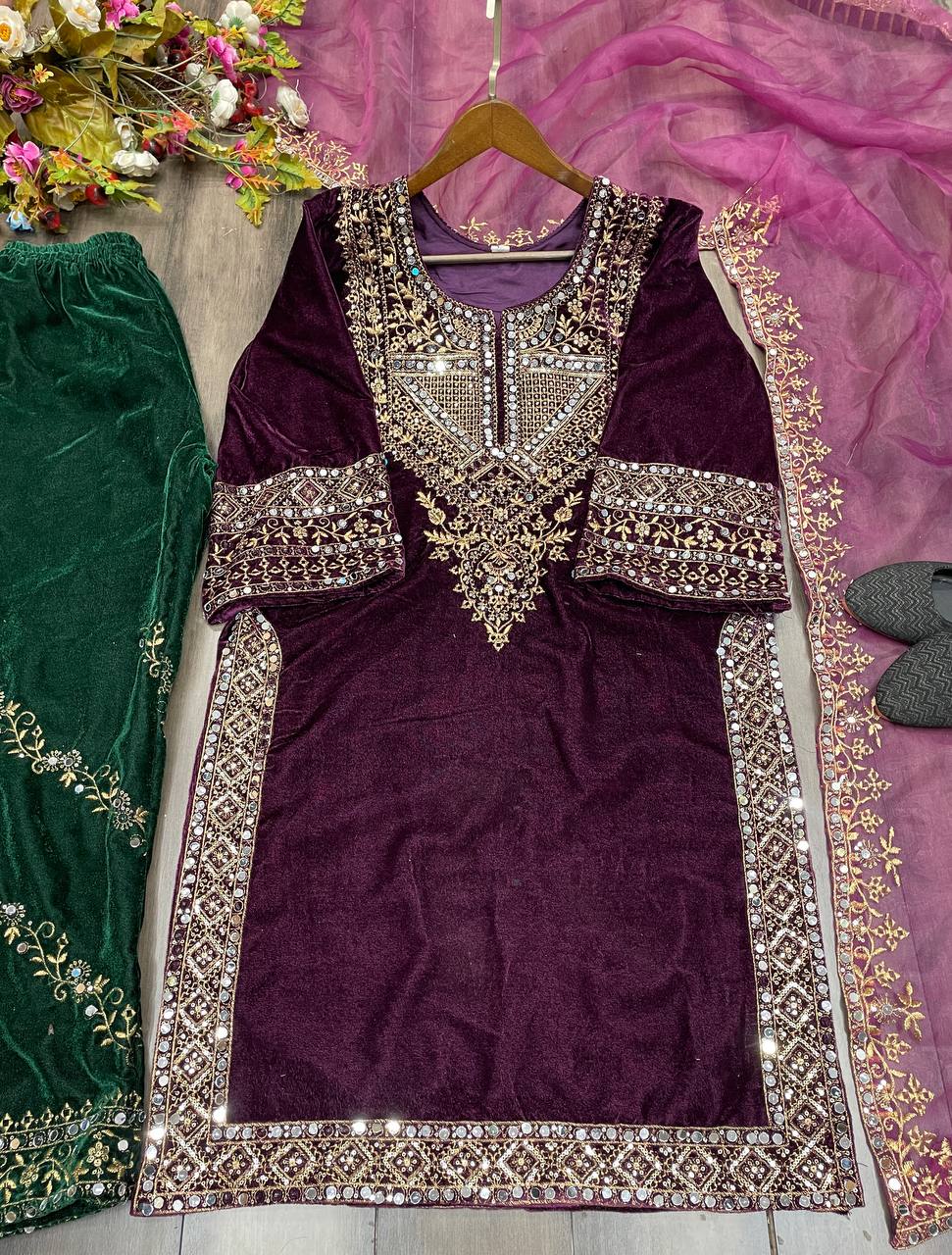 ADORABLE HEAVY VELVET SEQUENCE EMBROIDERY SUIT SET