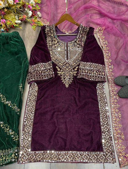 ADORABLE HEAVY VELVET SEQUENCE EMBROIDERY SUIT SET