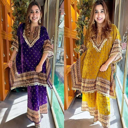 LUXURIOUS VISCOS VELVET KAFTAN SET WITH DIGITAL PRINT – ELEGANT DESIGNER WEAR