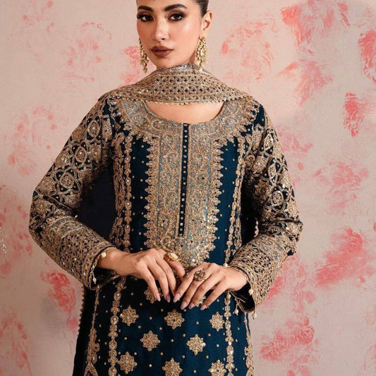 PREMIUM FAUX GEORGETTE EMBROIDERED SET WITH SEQUIN & LACE BORDER