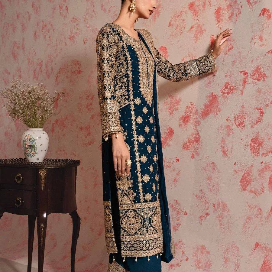 PREMIUM FAUX GEORGETTE EMBROIDERED SET WITH SEQUIN & LACE BORDER