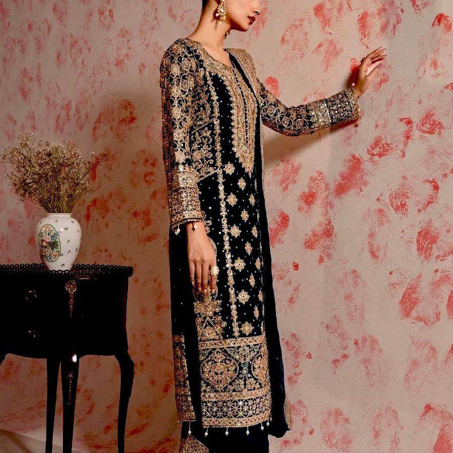 PREMIUM FAUX GEORGETTE EMBROIDERED SET WITH SEQUIN & LACE BORDER
