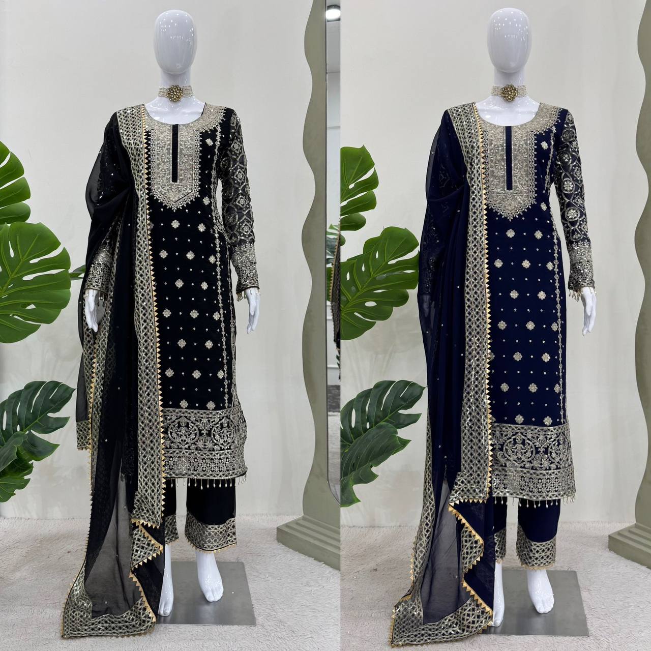 PREMIUM FAUX GEORGETTE EMBROIDERED SET WITH SEQUIN & LACE BORDER