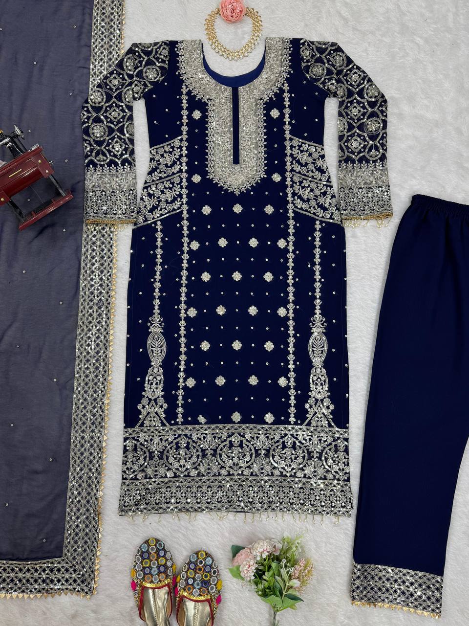 PREMIUM FAUX GEORGETTE EMBROIDERED SET WITH SEQUIN & LACE BORDER