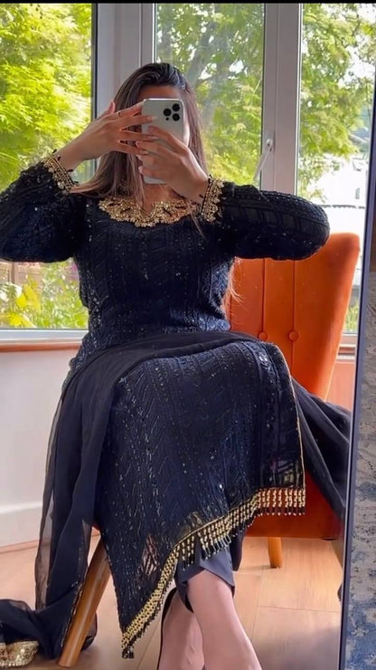 ELEGANT FOUX GORGETTE TOP & PENT SET WITH DUPATTA