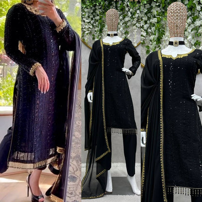 ELEGANT FOUX GORGETTE TOP & PENT SET WITH DUPATTA