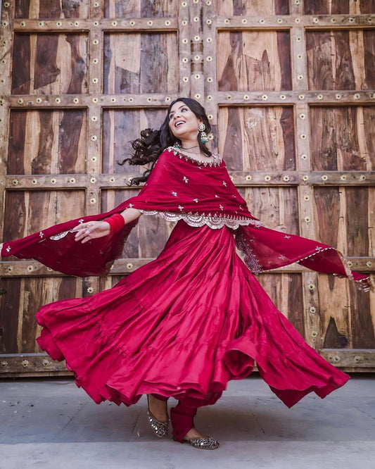 DESIGNER 10-METER FLAIR RUFFLE GOWN WITH EMBROIDERED SEQUIN DUPATTA
