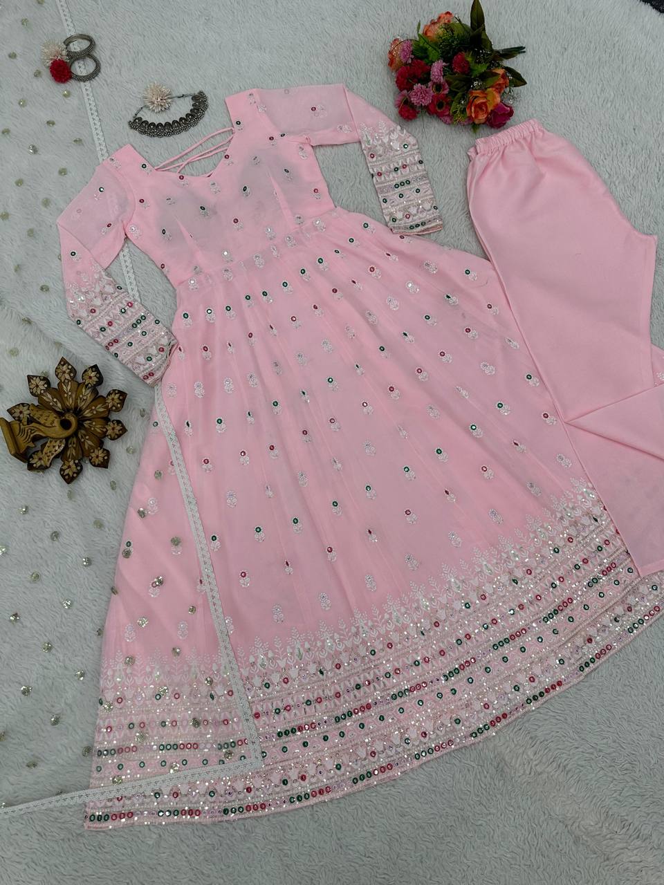 DESIGNER FAUX GEORGETTE TOP, MICRO PANTS & SOFT NET DUPATTA SET WITH SEQUIN THREAD WORK & DORI LATKAN