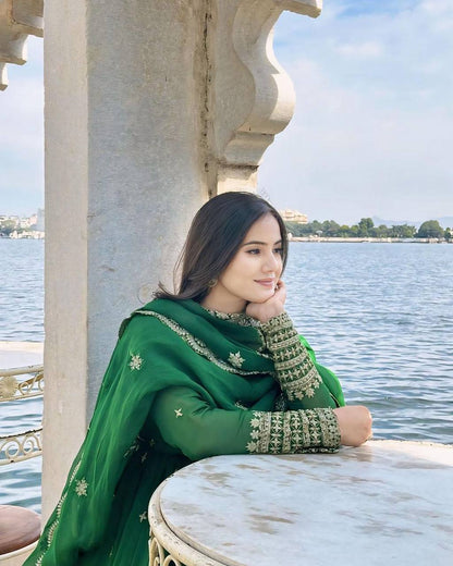 DESIGNER FAUX GEORGETTE TOP, MICRO PANTS & DUPATTA SET WITH SEQUIN THREAD WORK & DORI LATKAN