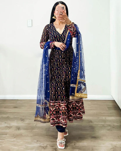 ELEGANT FOAX GEORGETTE TOP & MICRO PANT SET WITH SOFT NET DUPATTA