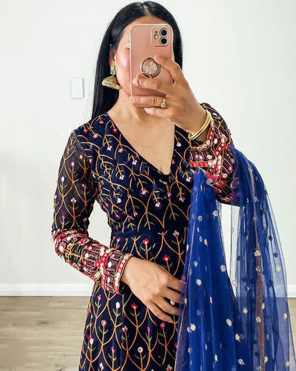 ELEGANT FOAX GEORGETTE TOP & MICRO PANT SET WITH SOFT NET DUPATTA