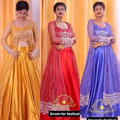 GRACEFUL JAPAN SATIN LEHENGA WITH BUTTERFLY NET CHOLI & KOTI