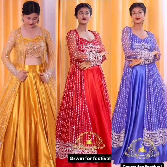 GRACEFUL JAPAN SATIN LEHENGA WITH BUTTERFLY NET CHOLI & KOTI