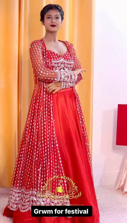 GRACEFUL JAPAN SATIN LEHENGA WITH BUTTERFLY NET CHOLI & KOTI