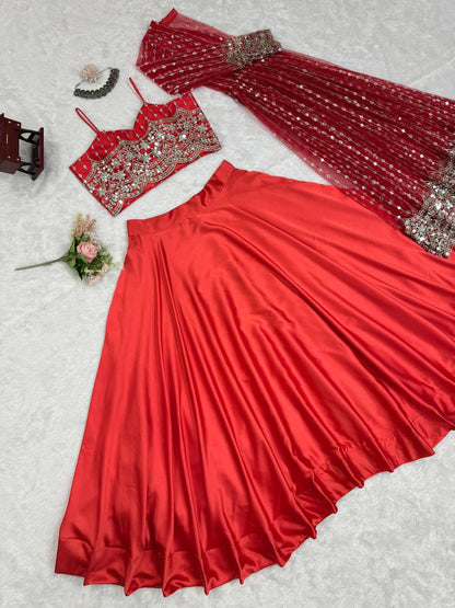GRACEFUL JAPAN SATIN LEHENGA WITH BUTTERFLY NET CHOLI & KOTI