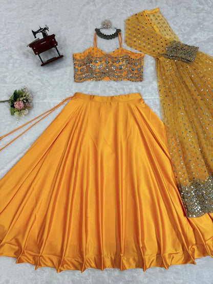 GRACEFUL JAPAN SATIN LEHENGA WITH BUTTERFLY NET CHOLI & KOTI