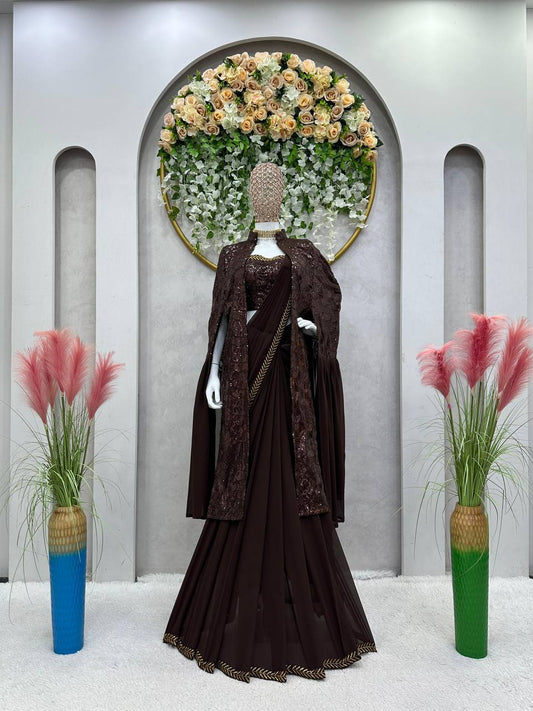 ELEGANT READY-TO-WEAR FAUX GEORGETTE LEHENGA SAREE WITH SHRUG – PERFECT FOR WEDDINGS & FESTIVE WEAR