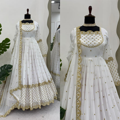 LUXURIOUS DESIGNER GOWN IN FAUX GEORGETTE WITH THREAD & 9MM SEQUENCE WORK