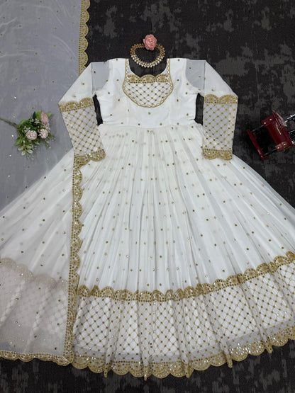 LUXURIOUS DESIGNER GOWN IN FAUX GEORGETTE WITH THREAD & 9MM SEQUENCE WORK