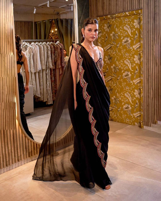 EXQUISITE DESIGNER SAREE WITH SHRUG & BLOUSE IN FAUX GEORGETTE