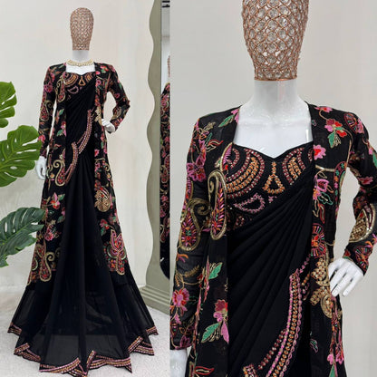 EXQUISITE DESIGNER SAREE WITH SHRUG & BLOUSE IN FAUX GEORGETTE