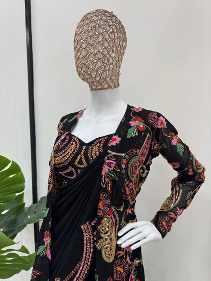 EXQUISITE DESIGNER SAREE WITH SHRUG & BLOUSE IN FAUX GEORGETTE