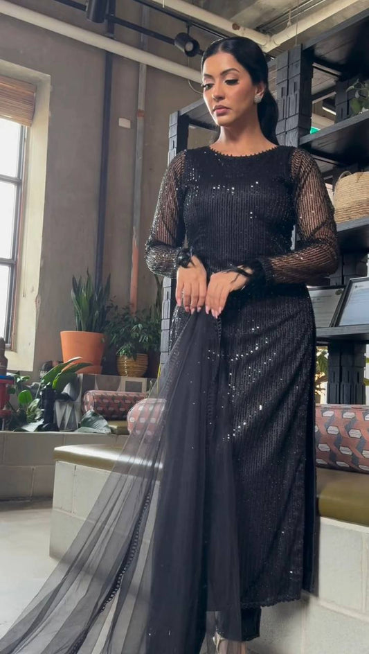 ELEGANT DESIGNER SUIT IN FAUX GEORGETTE WITH SEQUENCE WORK – PREMIUM ETHNIC WEAR