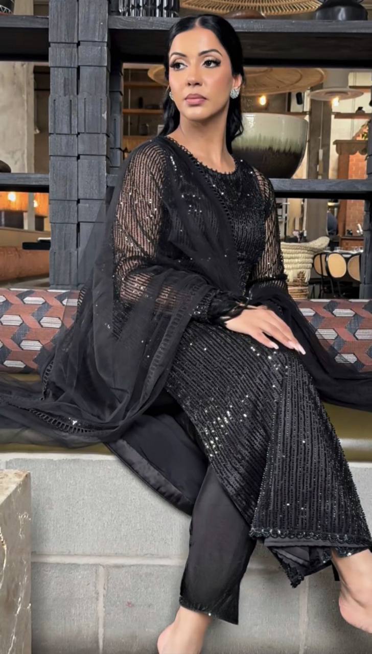 ELEGANT DESIGNER SUIT IN FAUX GEORGETTE WITH SEQUENCE WORK – PREMIUM ETHNIC WEAR