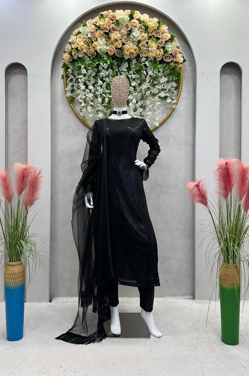 ELEGANT DESIGNER SUIT IN FAUX GEORGETTE WITH SEQUENCE WORK – PREMIUM ETHNIC WEAR
