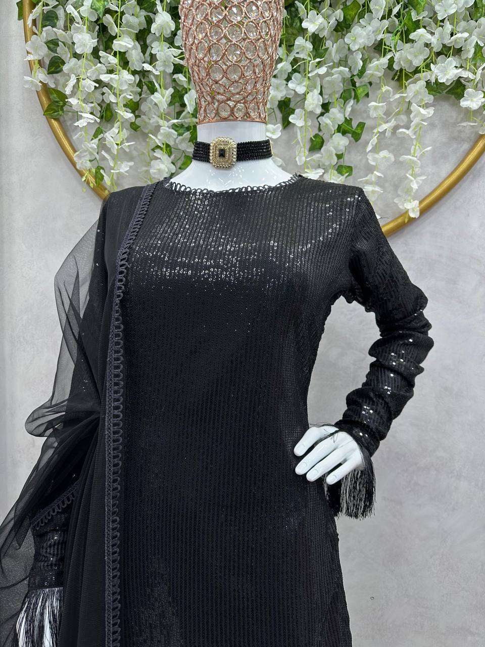 ELEGANT DESIGNER SUIT IN FAUX GEORGETTE WITH SEQUENCE WORK – PREMIUM ETHNIC WEAR