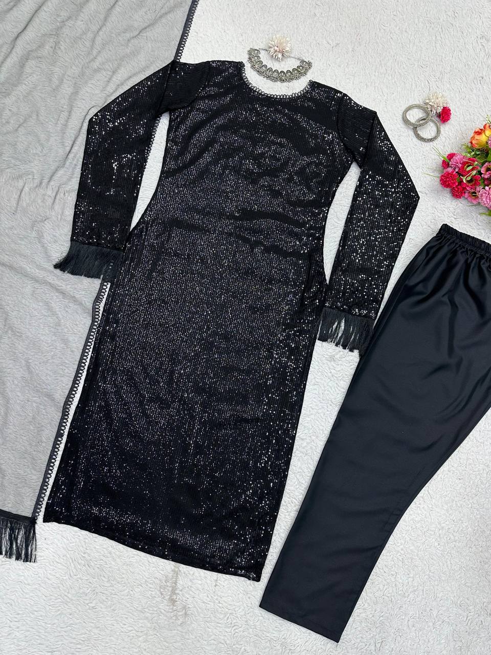 ELEGANT DESIGNER SUIT IN FAUX GEORGETTE WITH SEQUENCE WORK – PREMIUM ETHNIC WEAR