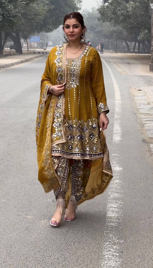 GRACEFUL DESIGNER SUIT IN CHINON SILK WITH 9MM SEQUENCE & THREAD WORK – TRENDY ETHNIC WEAR