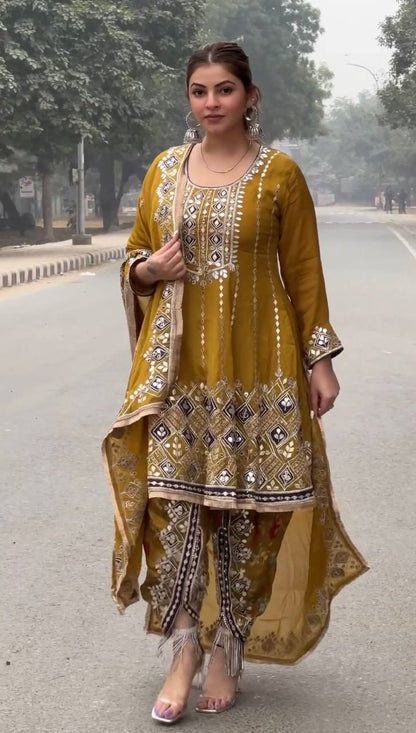 GRACEFUL DESIGNER SUIT IN CHINON SILK WITH 9MM SEQUENCE & THREAD WORK – TRENDY ETHNIC WEAR