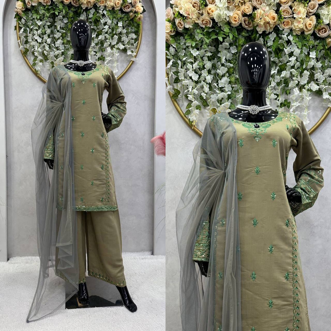 ELEGANT DESIGNER MUSLIN COTTON SUIT WITH THREAD & SEQUENCE WORK – PAIRED WITH ORGANZA SILK DUPATTA