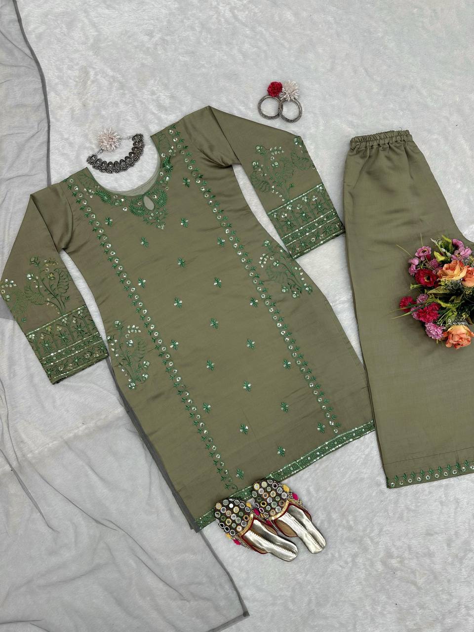 ELEGANT DESIGNER MUSLIN COTTON SUIT WITH THREAD & SEQUENCE WORK – PAIRED WITH ORGANZA SILK DUPATTA